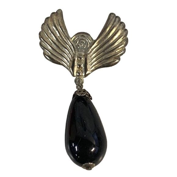 Vintage 3" Silver Tone Wings, Flower with Black Dangle Bead Brooch - Picture 1 of 5